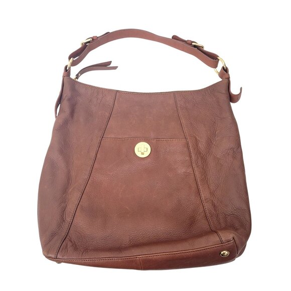 Isaac Mizrahi Handbags - Isaac Mizrahi Bridgehampton Brown Genuine Leather Hobo Bag With Gold-Tone Accent